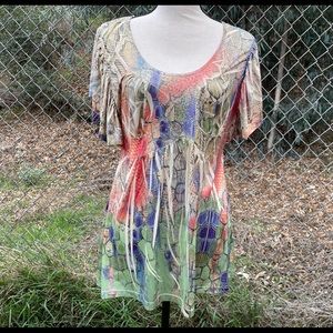 One World Boho Top Embellished Earth Colors Sz M